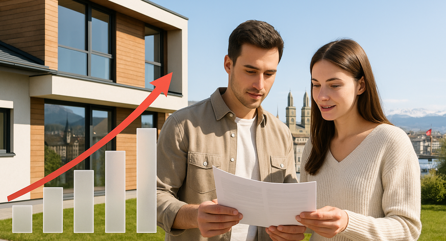 Giovane coppia svizzera davanti a una casa moderna, con grafico a barre che mostra l’aumento dei tassi ipotecari, sullo sfondo skyline di Zurigo: rappresentazione del mercato immobiliare e delle sfide per i giovani acquirenti.